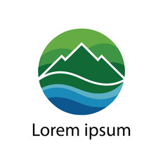 Mountain and River Nature Logo with Green and Blue Color Scheme.