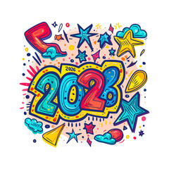 Fototapeta premium Colorful 2023 New Year Design Vibrant Doodle Illustration
