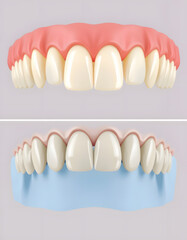 Obraz premium Two distinct dental cases featuring customized crowns and porcelain veneers for comprehensive full-mouth rehabilitation., vector style. with white shades