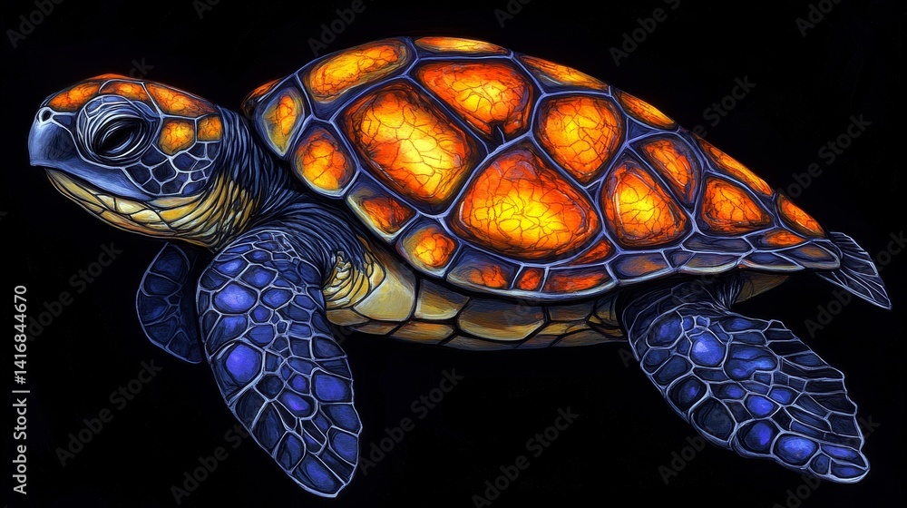 Poster mesmerizing sea turtle portrait featuring luminous orange shell patterns and deep blue accents again