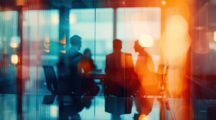 Abstract business meeting with blurred figures and vibrant color overlay