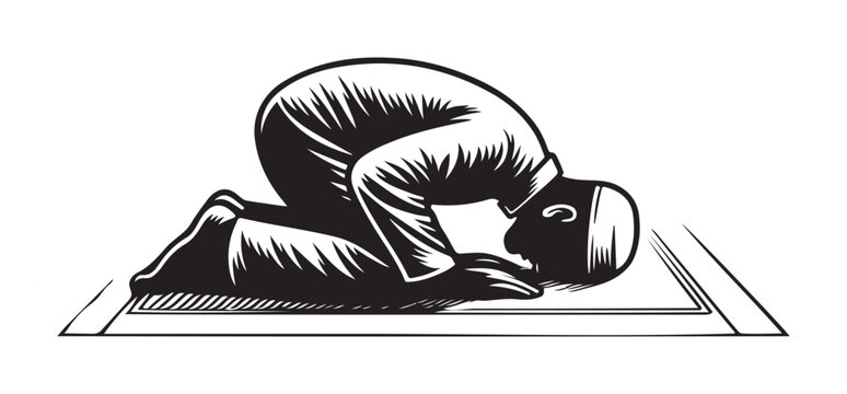 black and white muslim praying on prayer rug clip art preview