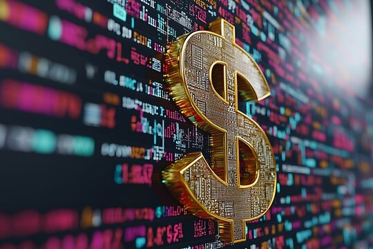 Golden dollar sign embedded within a background of digital code. - Powered by Adobe