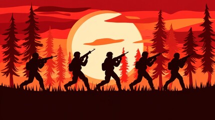 Silhouette Soldiers Marching at Sunset in Pixel Art Forest
