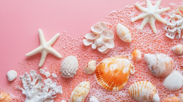 Starfish and seashells on pink beach sand - Powered by Adobe