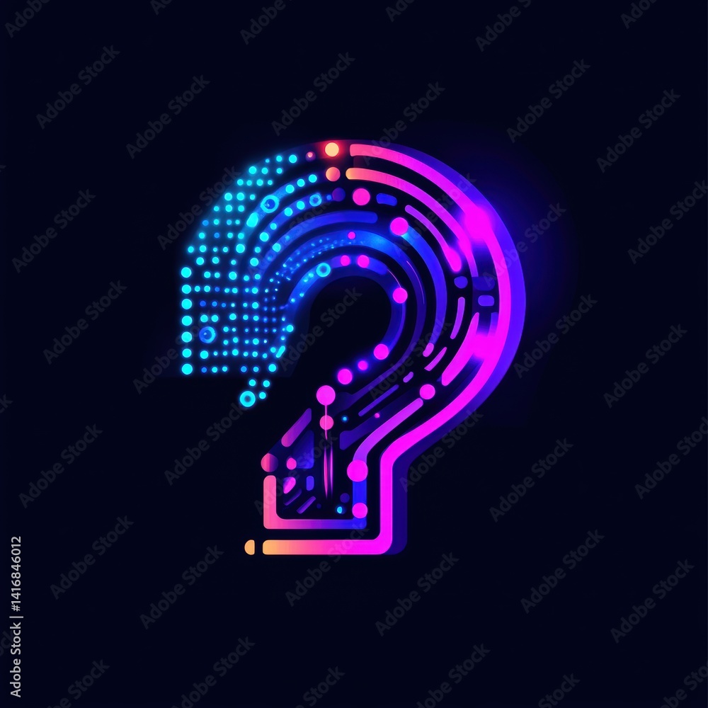 Poster abstract question mark design with glowing neon colors on dark background