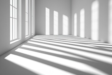A minimalist room with large windows casting long, thin shadows on the white floor