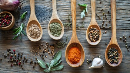 Various spices in wooden spoons on rustic table