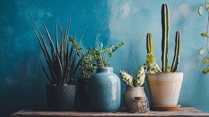 Cactus collection in ceramic pots on blue wall