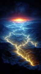 Dramatic, swirling blue and orange energy currents resembling lightning across a dark, textured landscape. A vibrant, otherworldly scene
