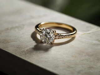 An elegant diamond engagement ring with a prominent solitaire, set on a slender gold band.