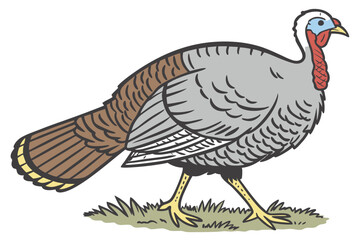 4 Turkey illustration, hand-drawn style, detailed feathers, side view, grey body, brown tail feathers, red wattle, blue head, yellow legs, white background, Thanksgiving theme, farm animal, poultry, t