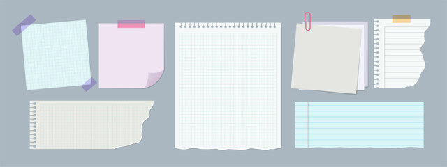 Set of different blank papers with paper clip and adhesive tape. Torn paper, shreds of notebook pages, sticky note. Templates for note message. Vector illustration.