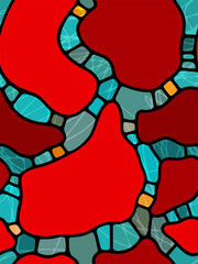 Seamless abstract stained glass pattern with red bionic shapes and turquoise accents