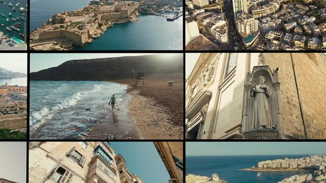 Golden Light Over Malta Cityscape captured in a cinematic collage of Maltas architecture, coastlines and heritage. A dynamic visual journey through iconic landscapes and cities.