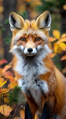 Focused red fox portrait amidst autumn foliage.