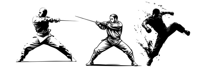 Martial Arts Swordfighters Vector – Fencing Action Set


