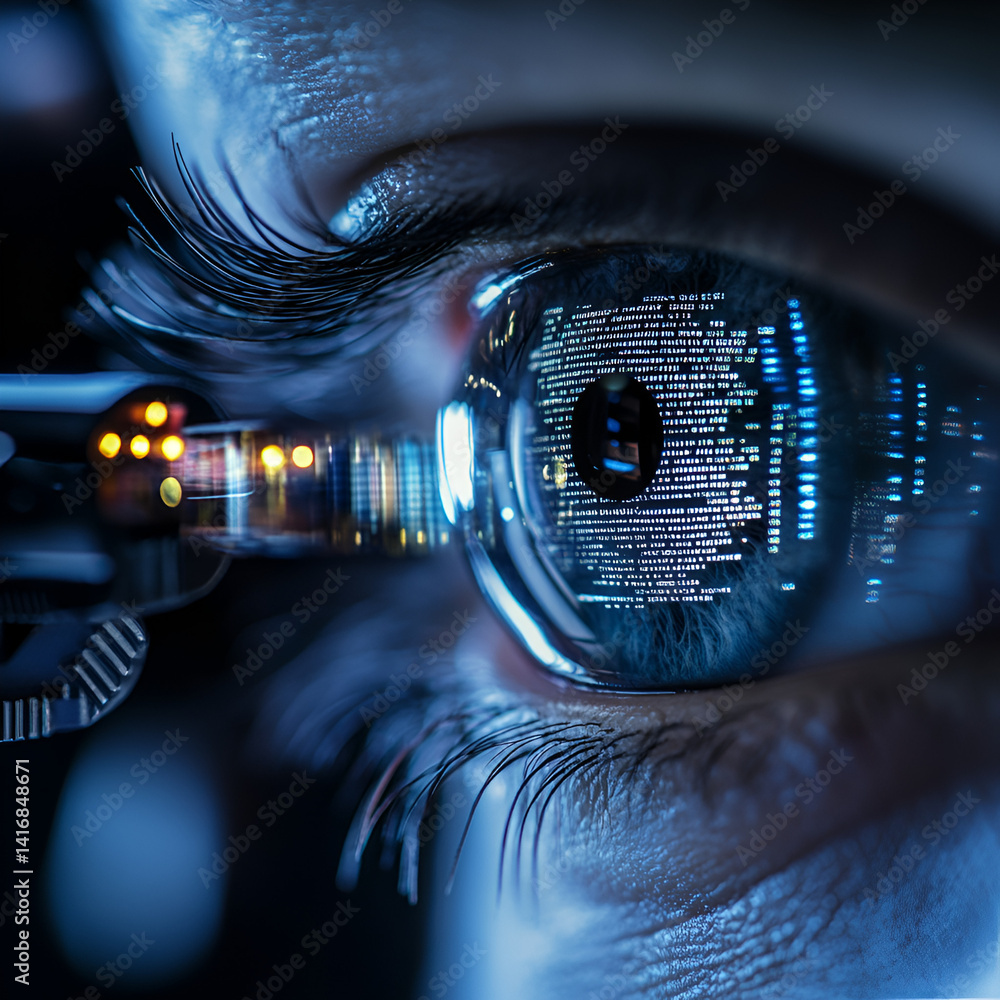 Poster exploring futuristic technology through the eye digital world close-up cybernetic environment concep