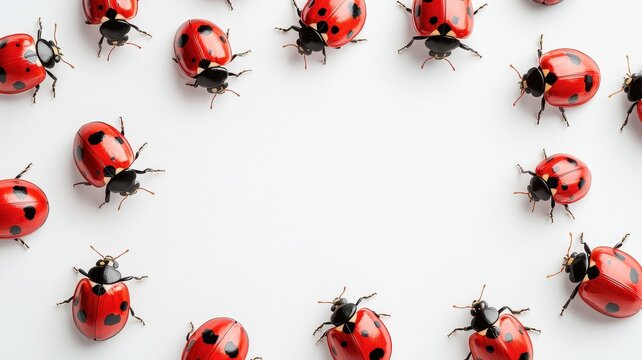 Vivid Red Ladybugs Frame on White Background Nature Insects Spring