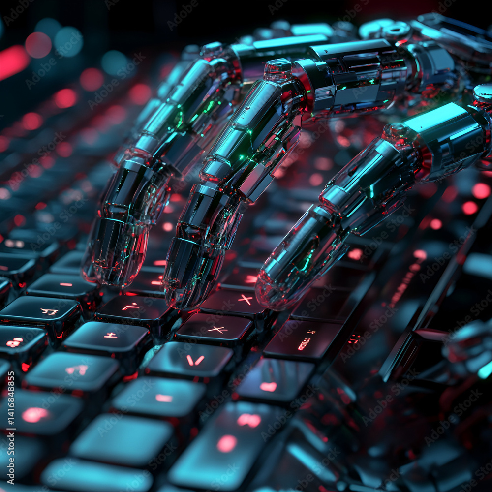 Poster robot hand typing on keyboard high-tech office digital art futuristic environment close-up view inno