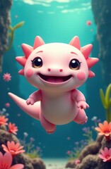 adorable pink axolotl with cheerful expression swimming underwater surrounded by colorful corals and plants. vibrant aquatic life illustration. children's book, animation, poster.