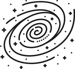 Line space icon of a swirling galaxy with spiral arms and scattered stars. Vector monochrome linear symbol represents stellar cosmic exploration, space travel, astronomy, and the vast universe