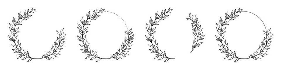 Luxury botanical wedding frame elements on white background. Set of circle shapes, glitters, eucalyptus leaves, leaf branches. Elegant foliage design for wedding, card, invitation, greeting.