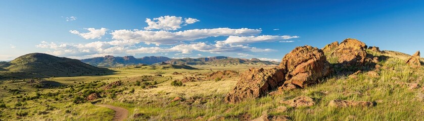 Scenic Panoramic View of Grassland Rocky Outcrop and Distant Mountains under a Blue Sky