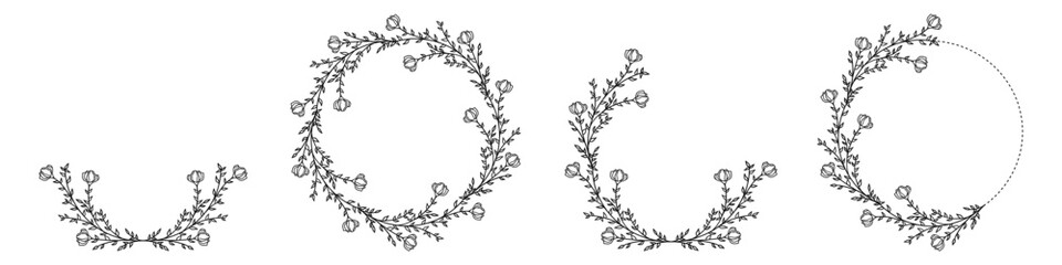 Luxury botanical wedding frame elements on white background. Set of circle shapes, glitters, eucalyptus leaves, leaf branches. Elegant foliage design for wedding, card, invitation, greeting.