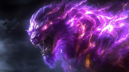 Energetic cosmic lion nebula with luminous purple hues and swirling stardust trails evoking a sense of celestial power and mystical space beast realm