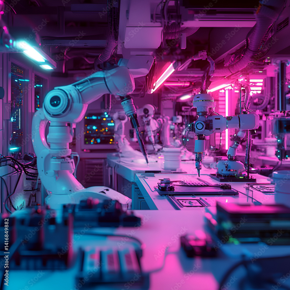 Poster robotic automation process futuristic lab digital art neon environment close-up view innovative tech