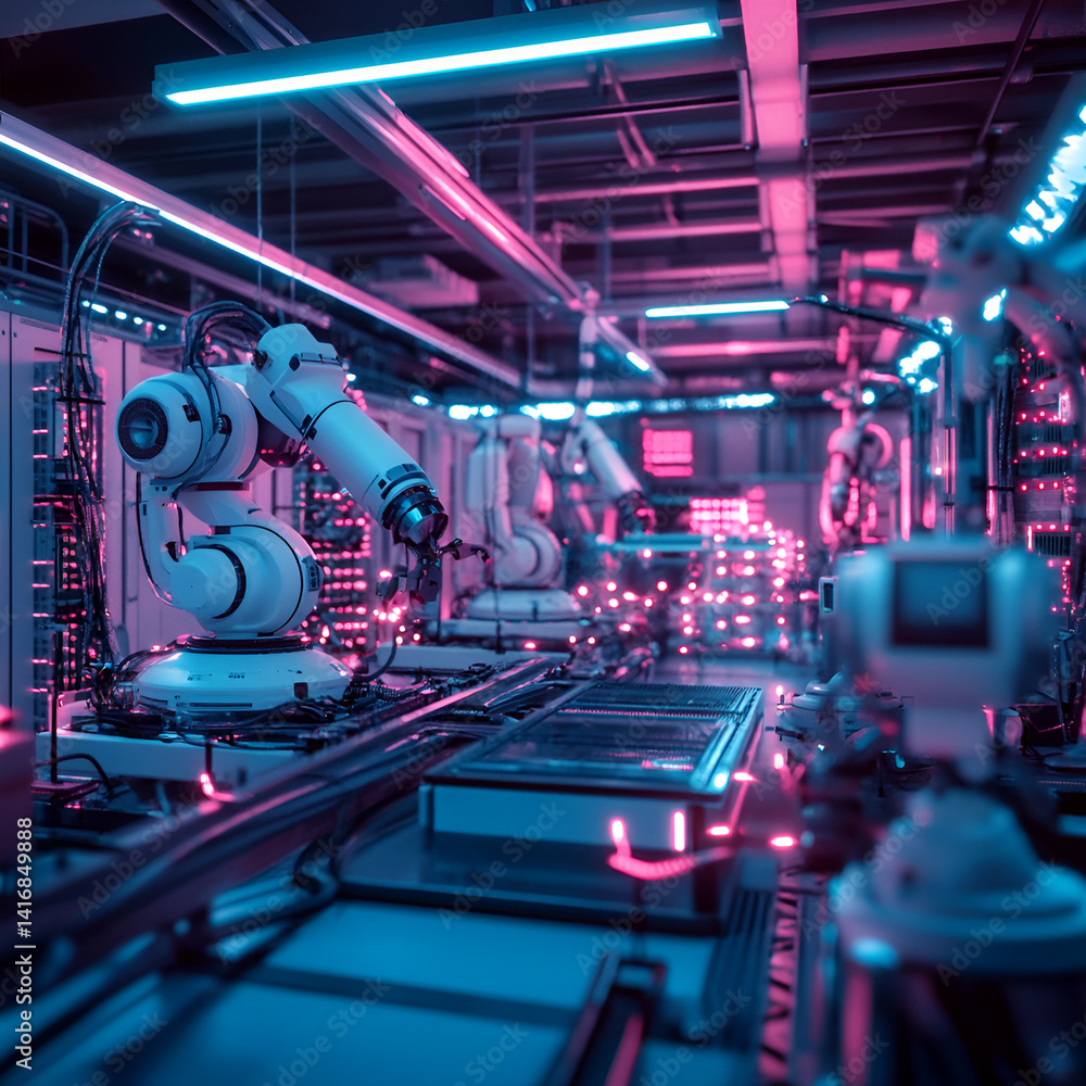 Poster high-tech automation in a modern factory industrial robotics futuristic environment aerial view inno