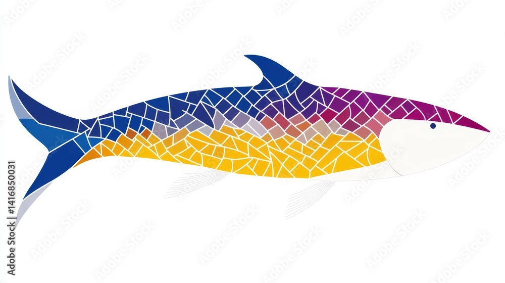 Poster abstract oceanic apex predator representation in pixel art style depicting a stylized shark mosaic i