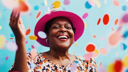 Fototapeta premium Joyful senior African-American woman with big smile wearing party hat throws colorful confetti against bright blue background, embodying celebration and happiness
