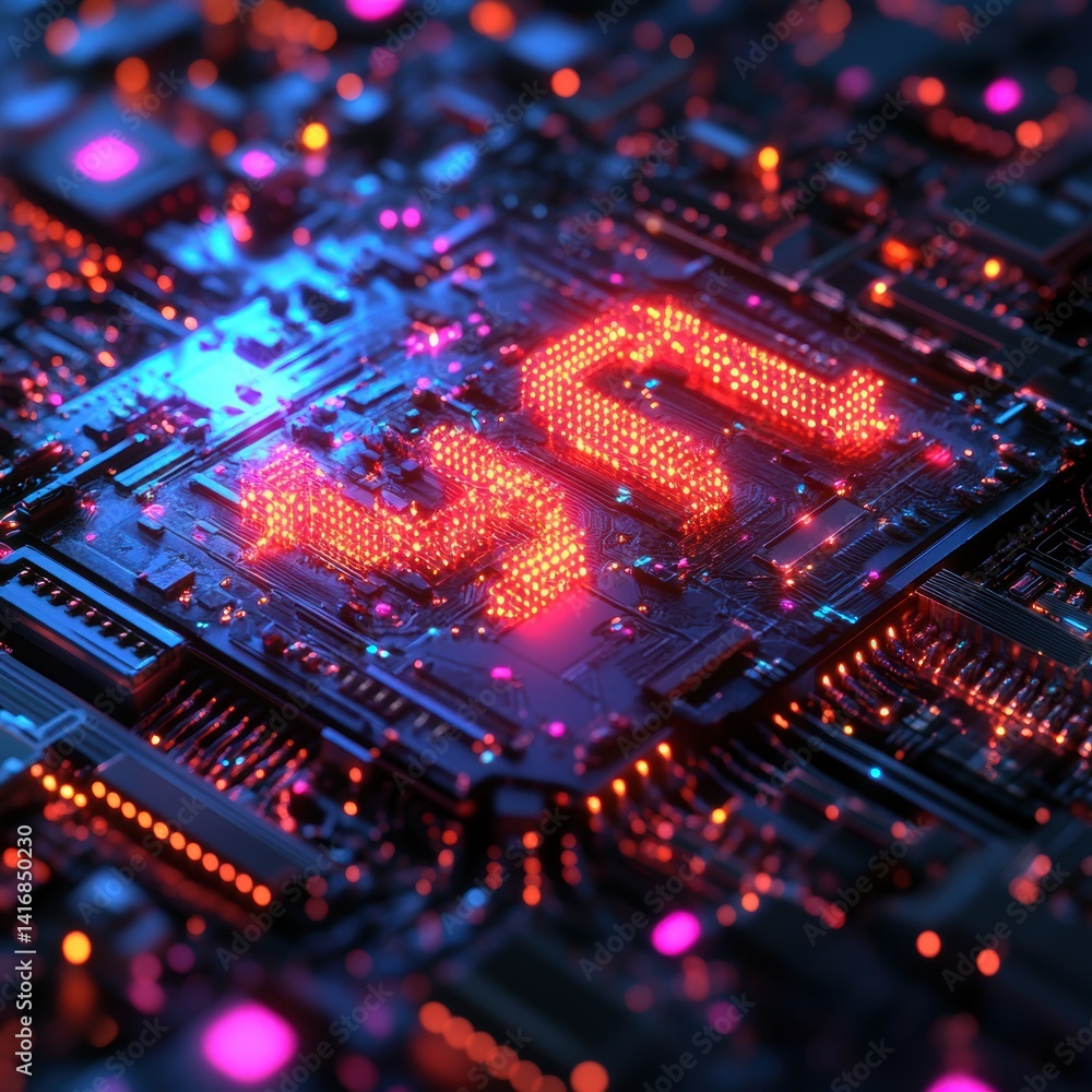 Poster digital 5g network technology on an intricate circuit board with vibrant illumination