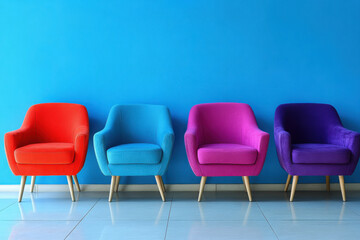 Colorful armchairs in red, purple, pink, and blue arranged in a row on a tiled floor against a plain blue wall