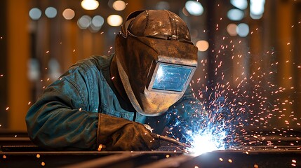 Focused welder at work in a steel fabrication plant.