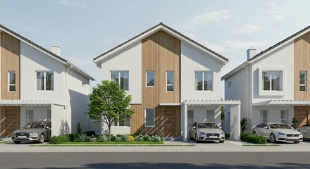 3D Rendered of Exterior view of modern, stylish homes in a residential development with cars parked in front. Perfect for showcasing property sales, investment opportunities, and new construction