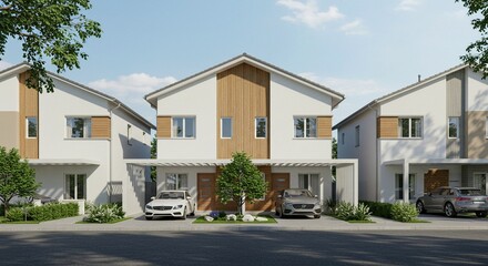 3D Rendered of Exterior view of modern, stylish homes in a residential development with cars parked in front. Perfect for showcasing property sales, investment opportunities, and new construction
