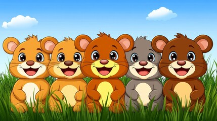 Naklejka premium Delightfulcartoonillustrationofgroupoffiveanimatedbearsstandinginmeadowgrassunderblueskydesignperfectforchildrenscontentorwildlifethemedprojects