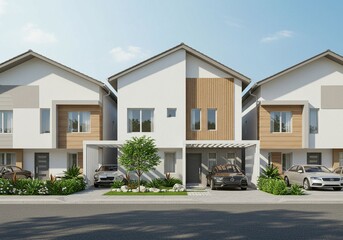 3D Rendered of Exterior view of modern, stylish homes in a residential development with cars parked in front. Perfect for showcasing property sales, investment opportunities, and new construction