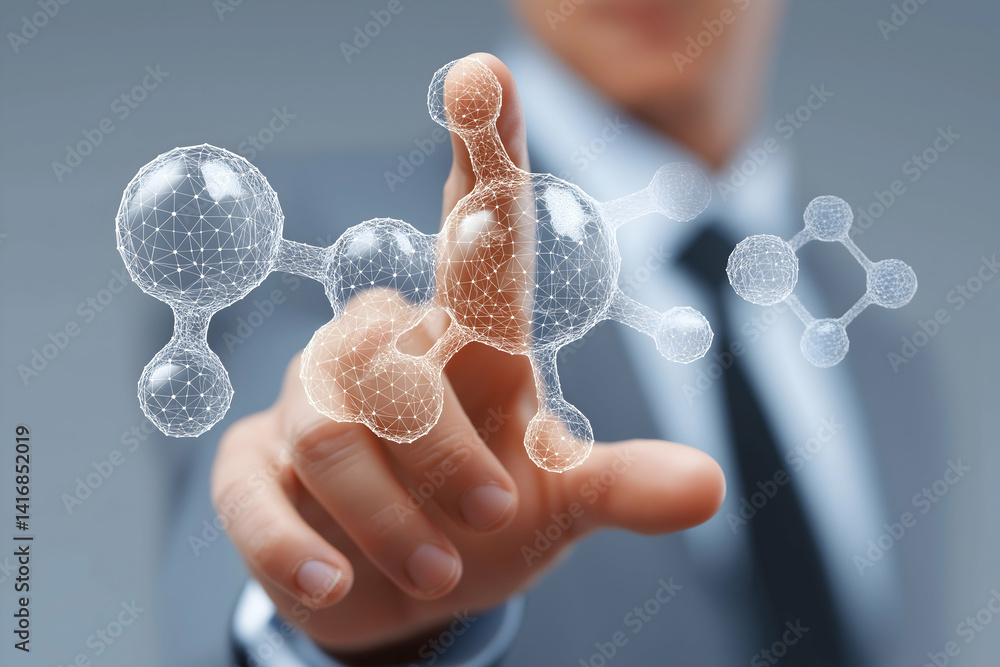 Poster a person in a suit interacts with floating molecular structures, symbolizing innovation and technolo