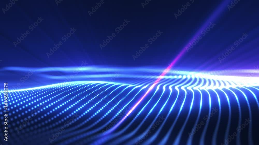 Poster abstract glowing wave of particles and dots moving on blue background with bright rays of light, big