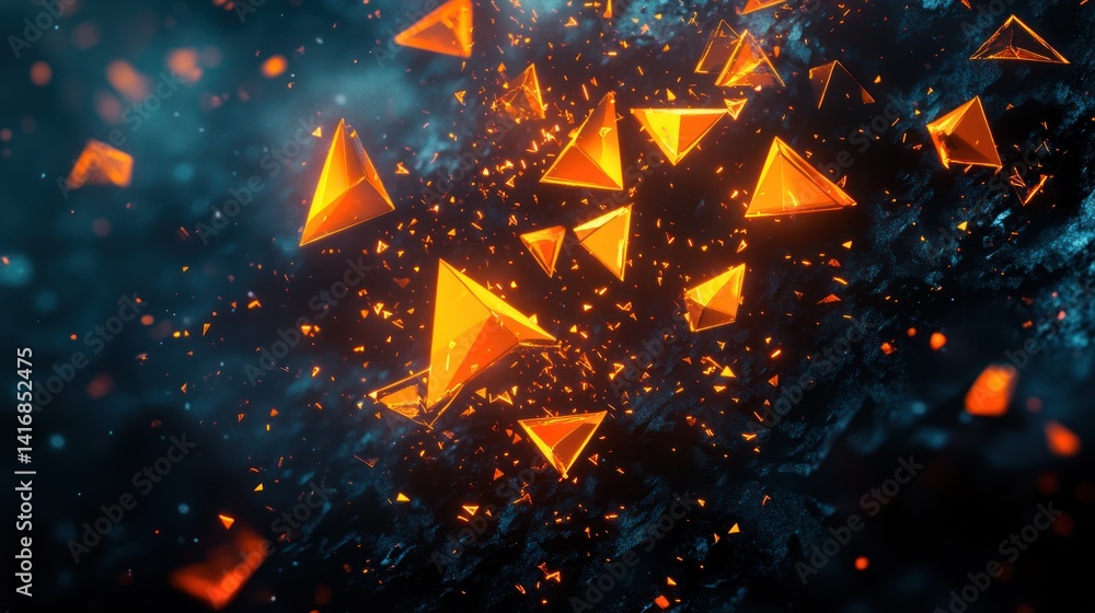 Poster abstract orange pyramids falling dark background; 3d render, design element
