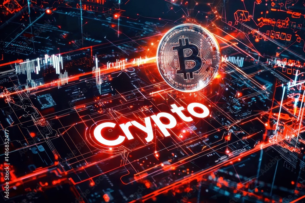 Poster a digital representation showcasing a bitcoin symbol overlaid on a circuit board design, emphasizing