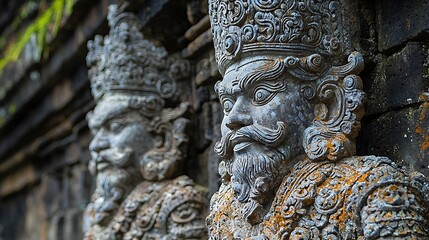 Ancient stone carvings of figures on a temple wall.