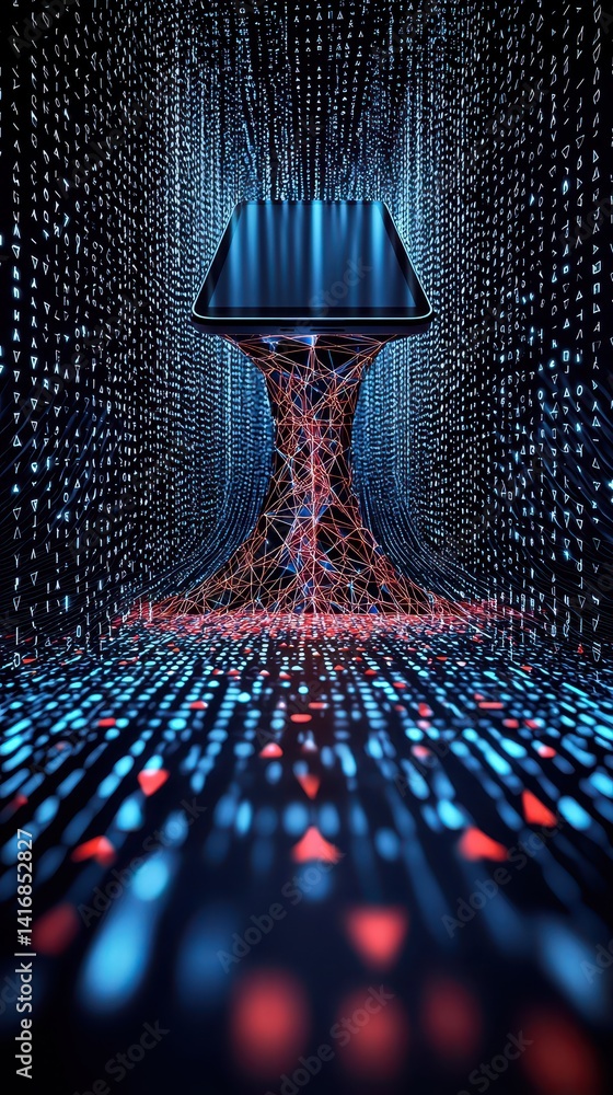 Poster a futuristic scene featuring a stylized table surrounded by a vibrant array of digital data streams 