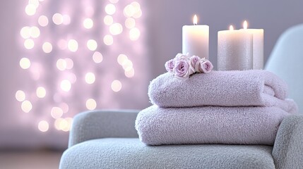 Soft Lavender Towels and Lit Candles on a Cozy Chair