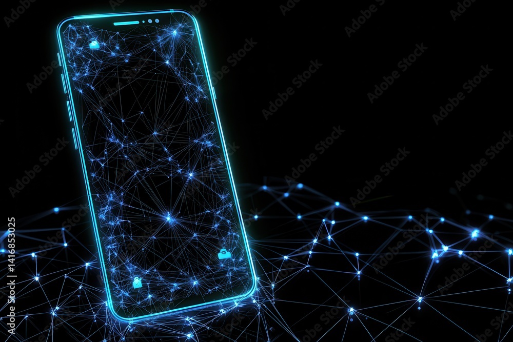 Poster a futuristic smartphone depicted with glowing connections, representing digital networking and techn