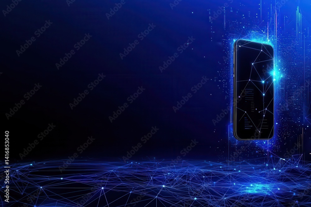 Poster a futuristic smartphone surrounded by a network of glowing blue lines and particles, suggesting adva